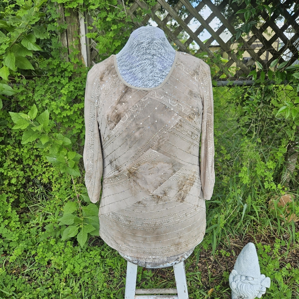 Beige Tan Tie Dye Sparkly Stitched Detailed Fairycore Whimisgoth Style Top  90s
